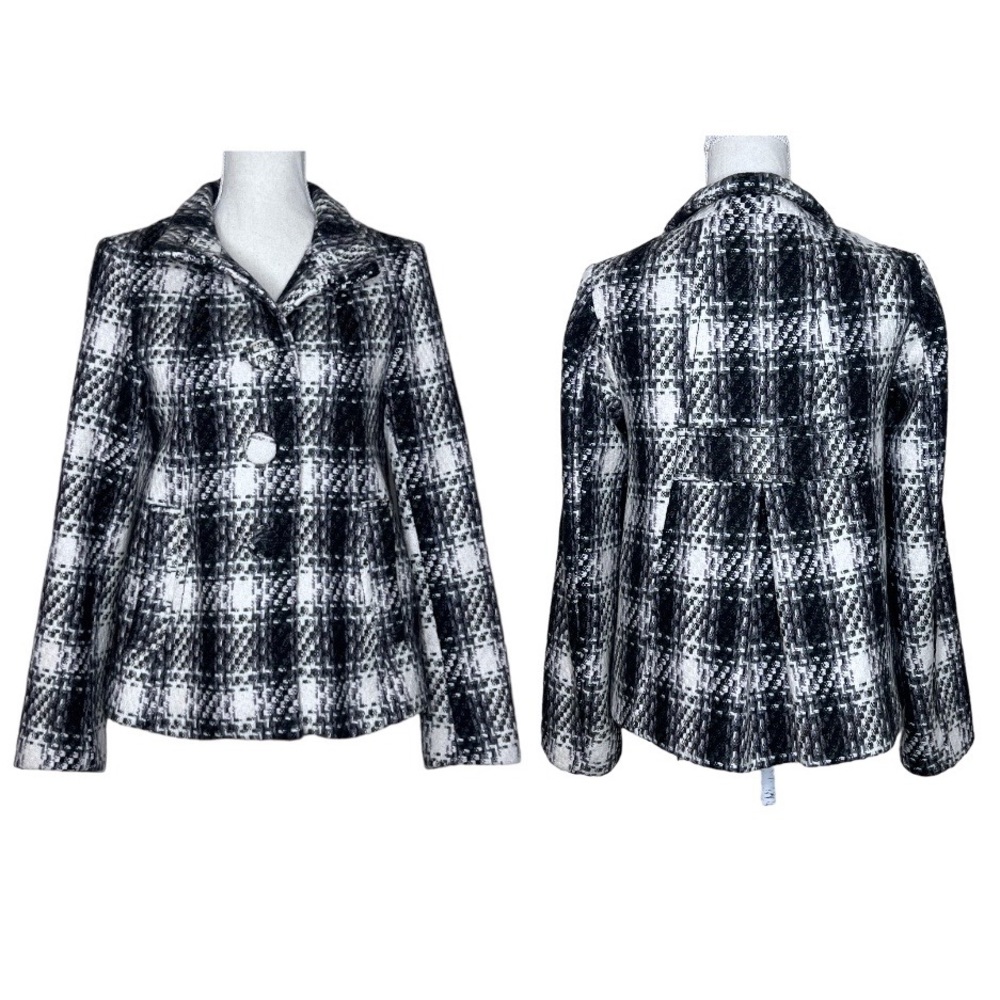 H&M Wool Blend Plaid Black and White Peacoat Crop Trench Coat Size 6